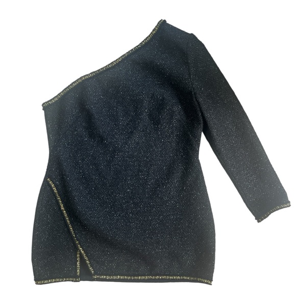 ZARA Black Tweed Gold Accent One-Shoulder Mini Dress Sz XXL - Picture 4 of 10
